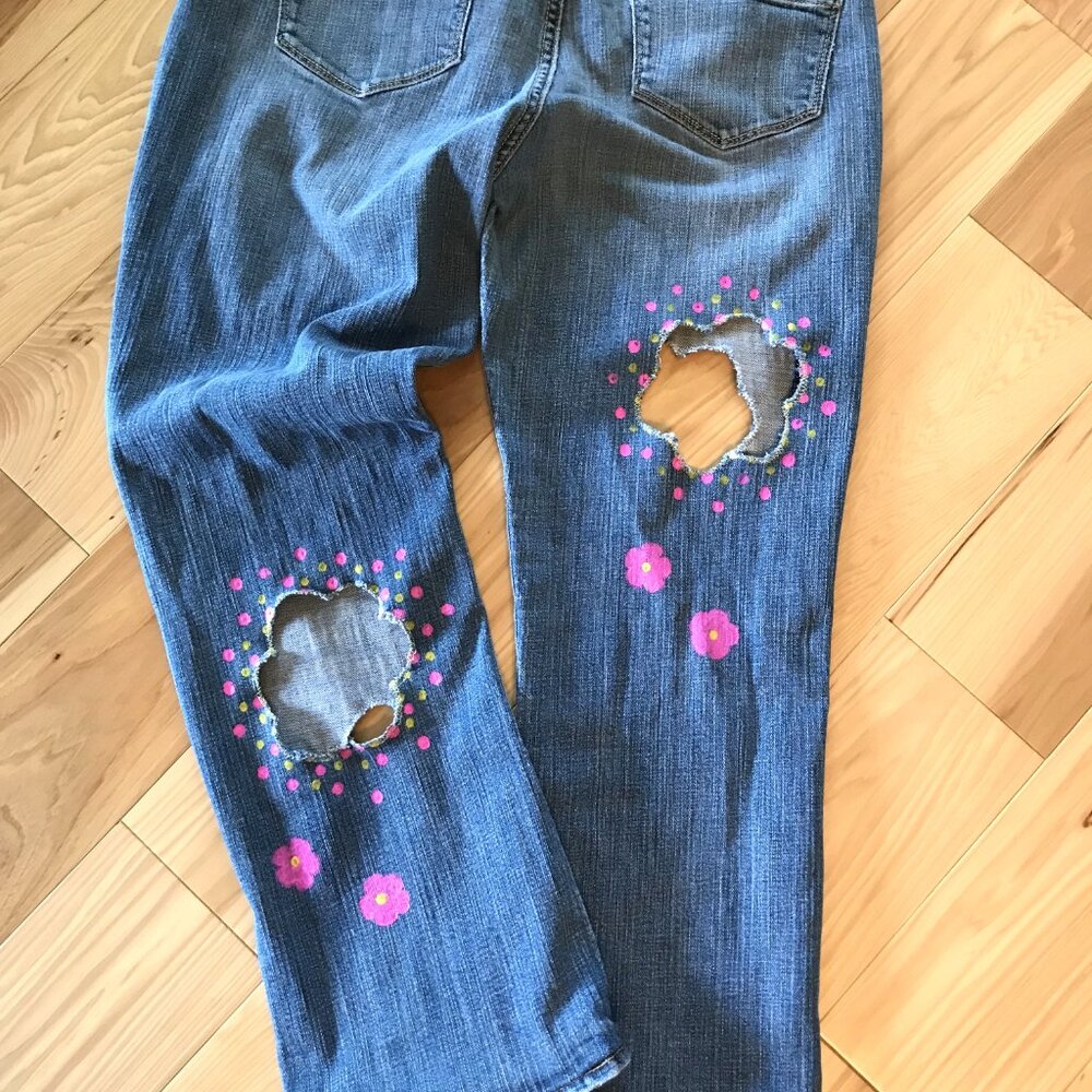 Upcycled Flower Cut-Out Jeans, Holey Distressed Funky Pants 10 Short - Picture 11 of 15